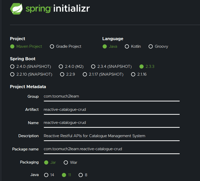 Configure project details using Spring Initializr